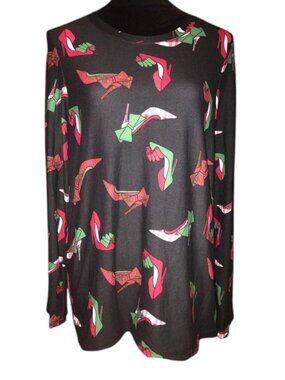 Holiday style high heel red and green plaid black long sleeve tee shirt